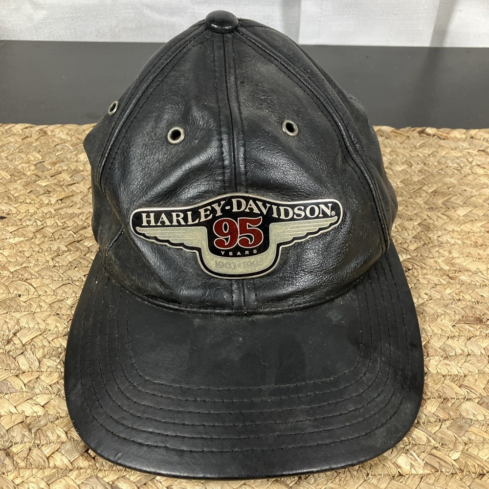 1998 Harley Davidson 95th Anniversary Black Leather Baseball Hat Cap One Size